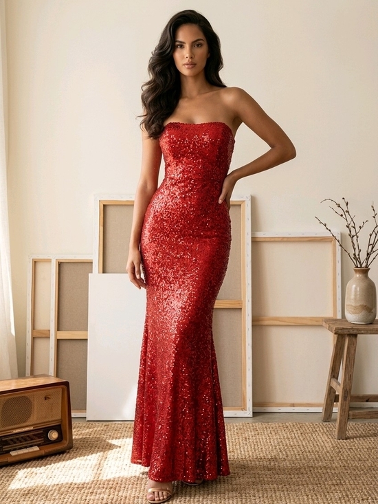 Lulus Dresses & Skirts - Lulus Red Sequin Mermaid Maxi Prom Dress Size M Strapless Stretch Glamoratti